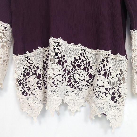 Umgee USA Womens Medium Burgundy Wine Cream Ivory Lace Romantic Boho Tunic Top - Picture 3 of 16
